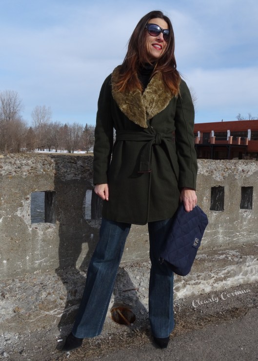 Denim Trouser, Olive Coat, Detachable Collar, Nine West, Navy Clutch, quilted clutch