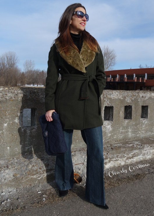 Denim Trouser, Olive Coat, Detachable Collar, Nine West, Navy Clutch