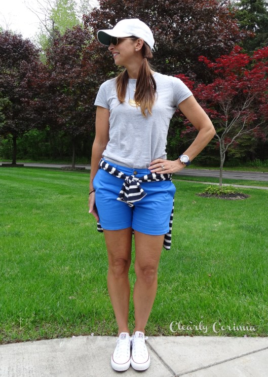 Grey T shirt Walmart Shorts Navy striped Sweater