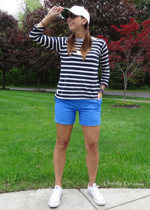 Walmart faded ultra blue shorts, Navy stripes